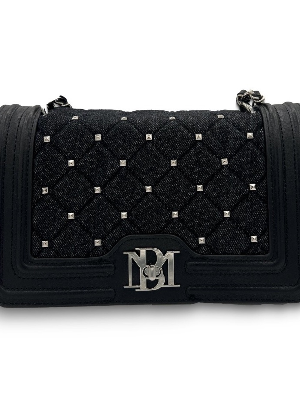 Badgley Mischka Black Quilted Studded Crossbody with Silver Logo